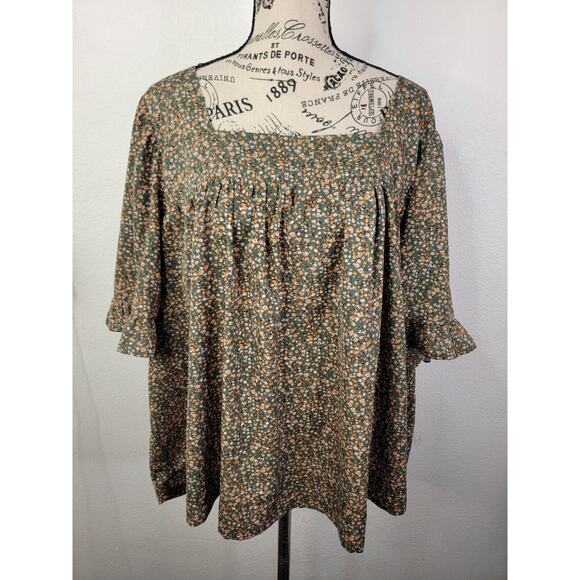 Arula Babydoll Top Sz C 3X Square Neck Green Floral Short Sleeve Ruffle Bohemian - Picture 2 of 10